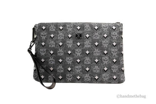 MCM Veritas Medium Dark Grey Denim Monogram Logo Canvas Clutch Pouch Handbag