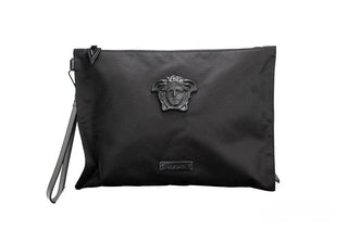 Versace Large Black Nylon Fabric Medusa Convertible Pouch Clutch Wristlet Bag
